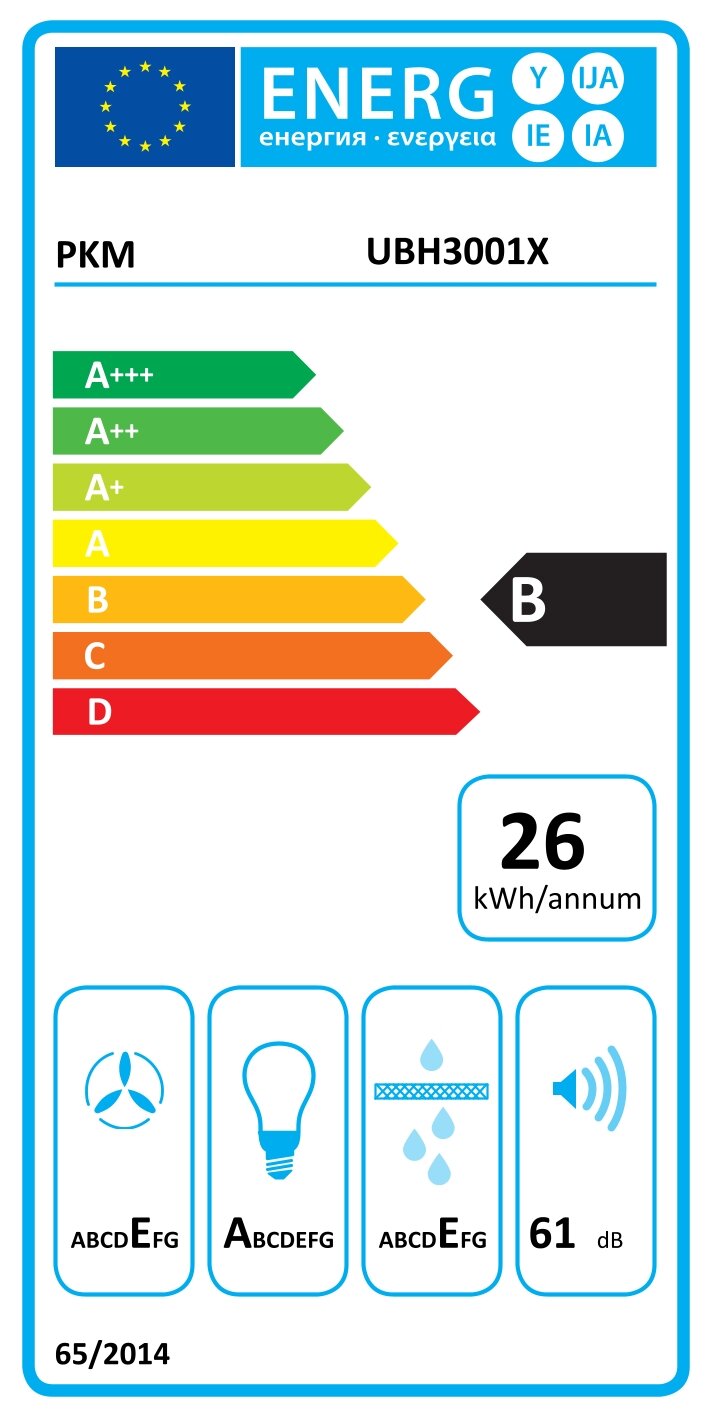 EU-Energielabel für PKM UBH3001X mit Effizienzklasse B, 26 kWh/annum und Geräuschpegel 61 dB; frontale Ansicht des Labels.