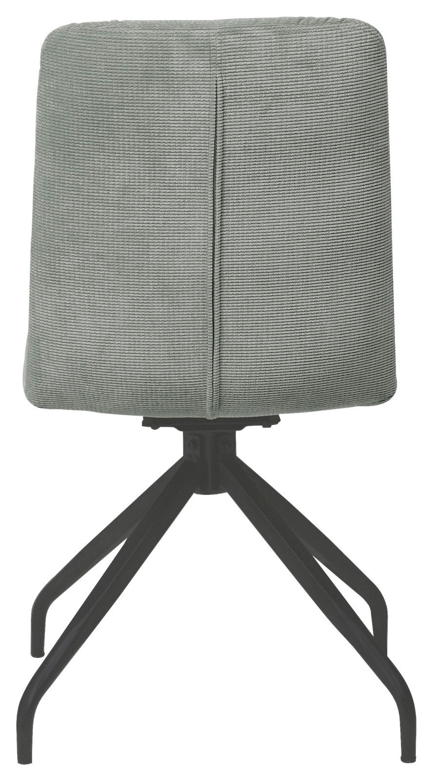 Rückansicht eines modernen Stuhls mit grauem Stoffbezug und schwarzem Metallgestell.