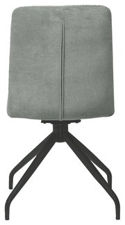 Rückansicht eines modernen Stuhls mit grauem Stoffbezug und schwarzem Metallgestell.