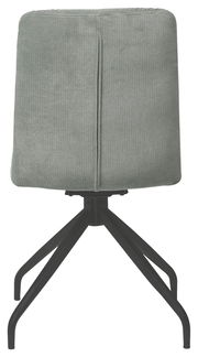 Rückansicht eines modernen Stuhls mit grauem Stoffbezug und schwarzem Metallgestell.