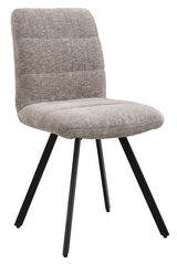 Moderner Stuhl mit gepolsterter Sitzfläche und Rückenlehne in beige, auf schwarzen Metallbeinen. Seitenansicht.