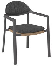 Moderner Loungestuhl mit grauem Gestell und gepolstertem Sitz und Rückenlehne, seitliche Perspektive