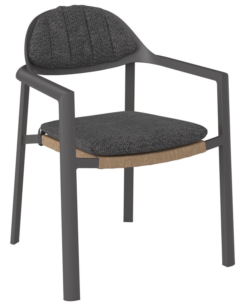 Moderner Loungestuhl mit grauem Gestell und gepolstertem Sitz und Rückenlehne, seitliche Perspektive