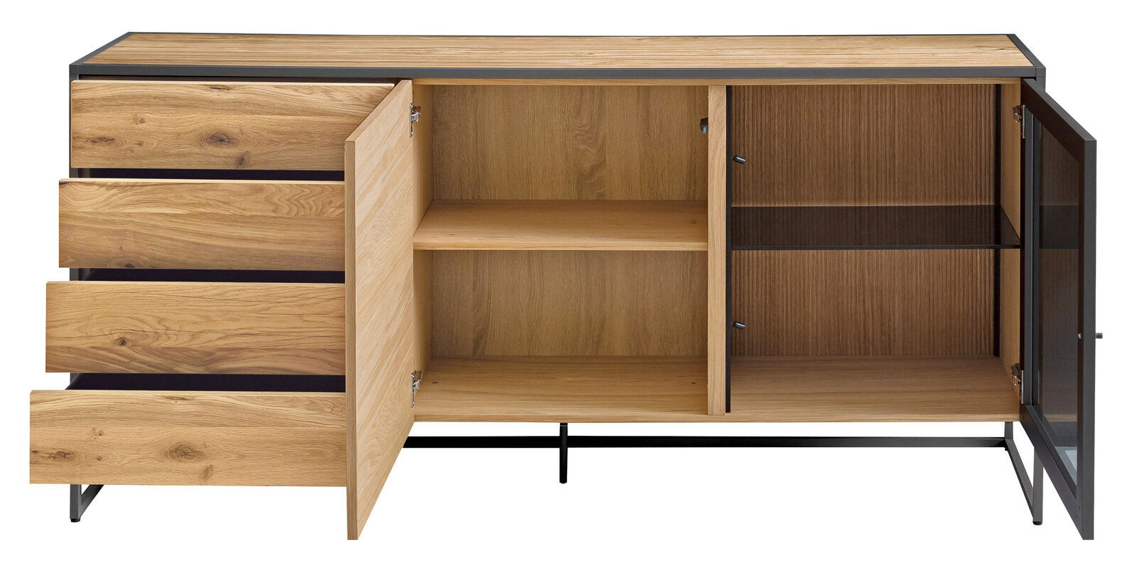 Offenes Sideboard aus Holz mit Schubladen und Türen, Frontansicht