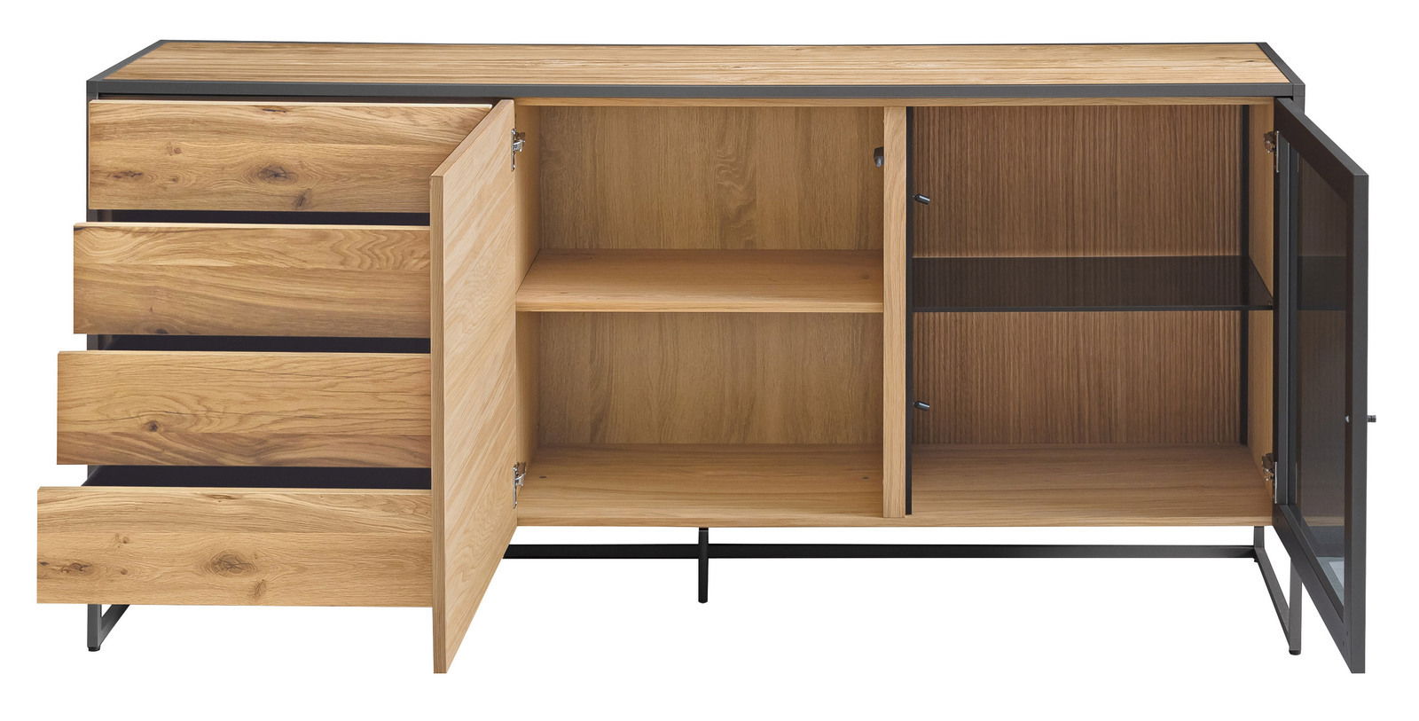 Offenes Sideboard aus Holz mit Schubladen und Türen, Frontansicht