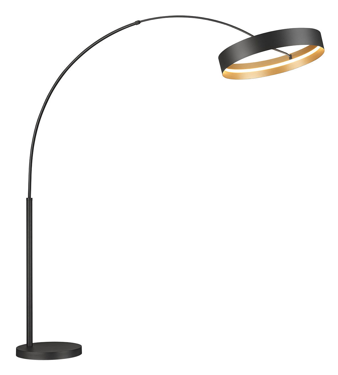 Moderne Stehleuchte LOOP mit gebogenem Arm und rundem Lampenschirm, seitliche Perspektive