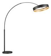 Moderne Stehleuchte LOOP mit gebogenem Arm und rundem Lampenschirm, seitliche Perspektive