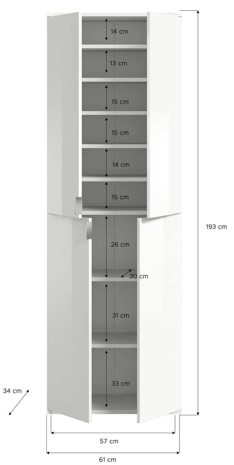 Weißer, hoher Garderobenschrank mit mehreren Fächern und Türen, frontal abgebildet. Maße: 193 cm hoch, 61 cm breit, 34 cm tief.