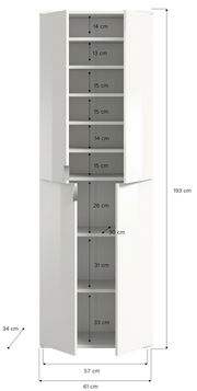 Weißer, hoher Garderobenschrank mit mehreren Fächern und Türen, frontal abgebildet. Maße: 193 cm hoch, 61 cm breit, 34 cm tief.