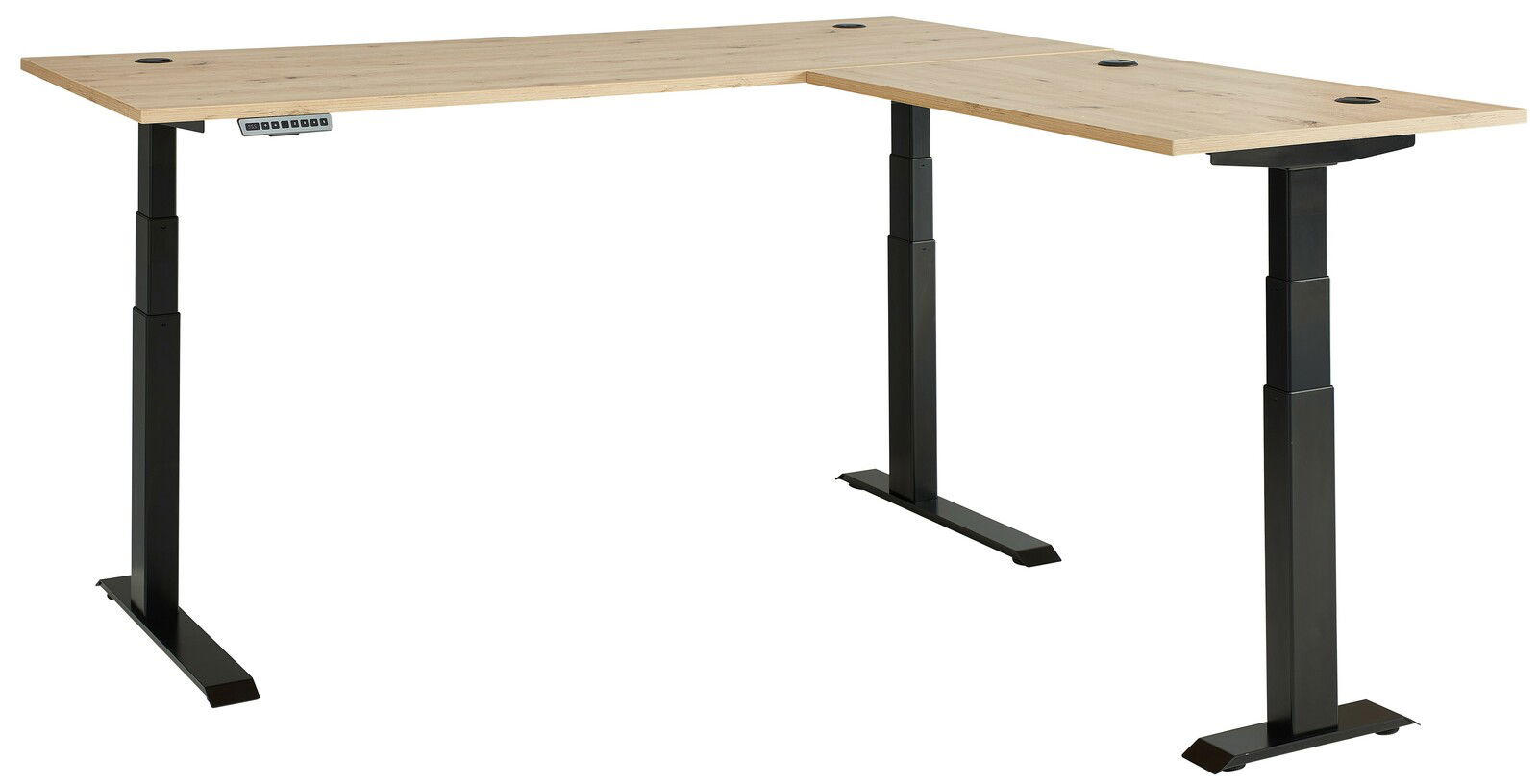 Moderner höhenverstellbarer E-Eckschreibtisch mit schwarzem Gestell und heller Holzplatte, seitliche Perspektive.