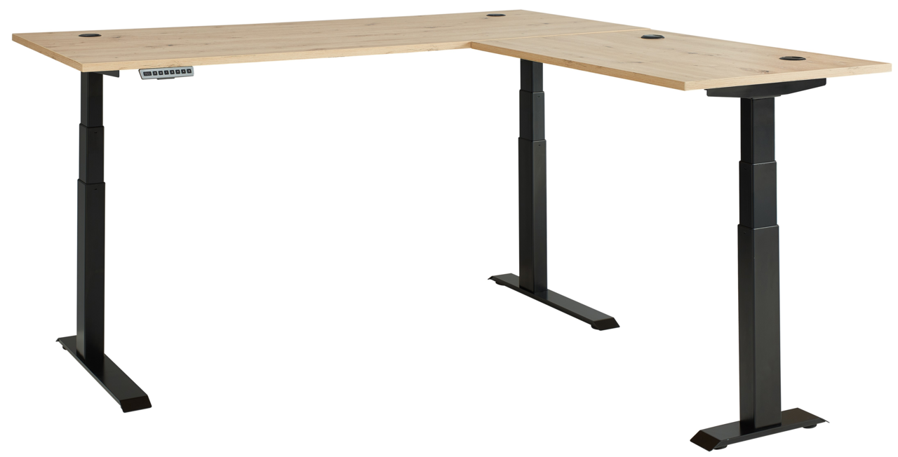 Moderner höhenverstellbarer E-Eckschreibtisch mit schwarzem Gestell und heller Holzplatte, seitliche Perspektive.