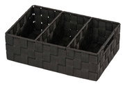 Schwarzer Badorganizer Adria mit Griff, aus geflochtenem Material, in dreigeteilter Ansicht von schräg oben.
