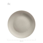 Runder, beigefarbener Teller mit feinem weißem Sprenkelmuster, ca. 20,5 cm Durchmesser, Draufsicht von oben
