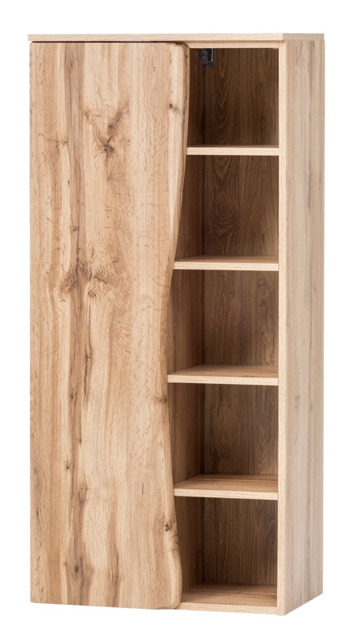 Midischrank 60 aus Holz mit natürlicher Maserung, offene und geschlossene Fächer, Frontalansicht