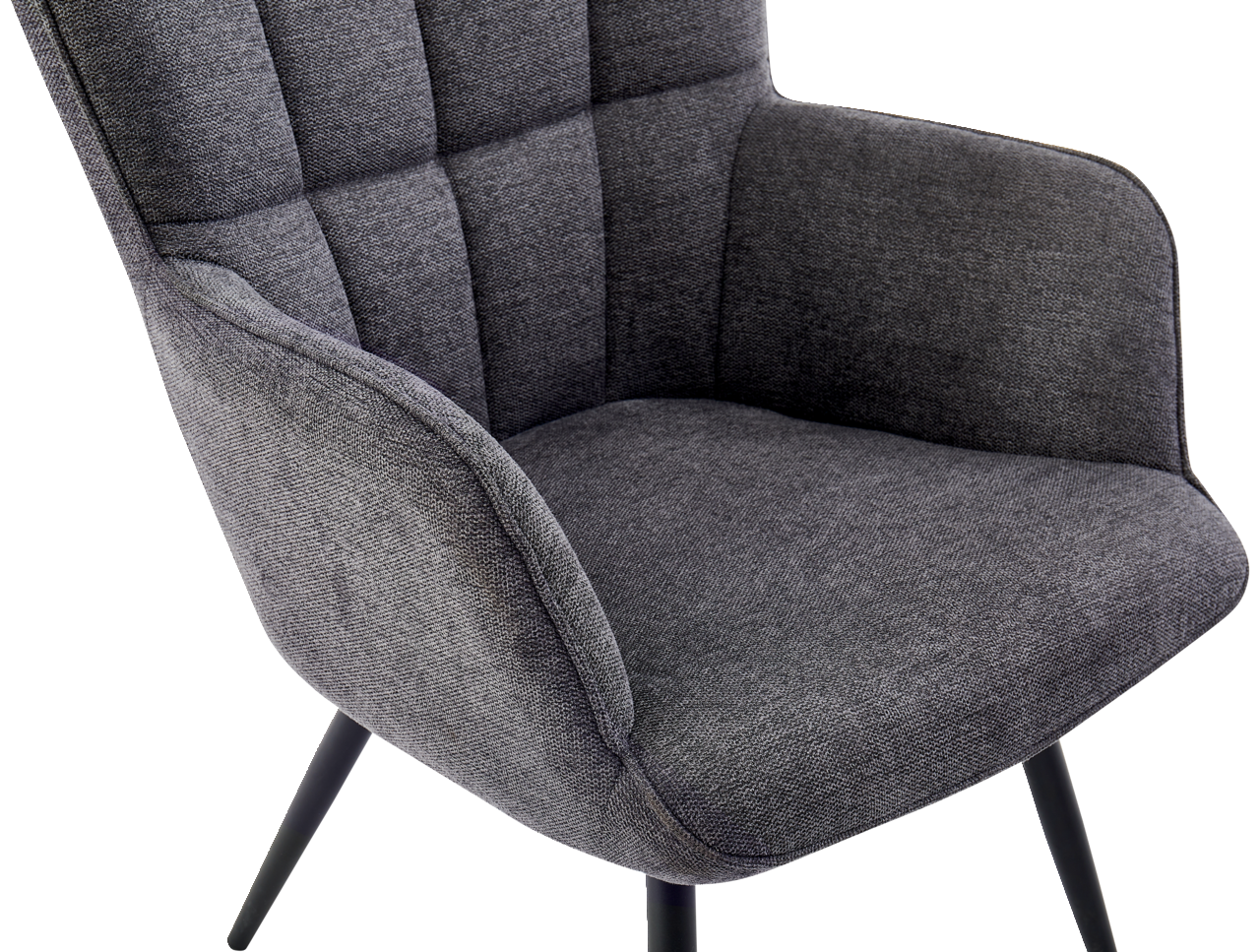 Grauer Sessel mit gepolstertem Sitz und Rückenlehne, seitliche Perspektive