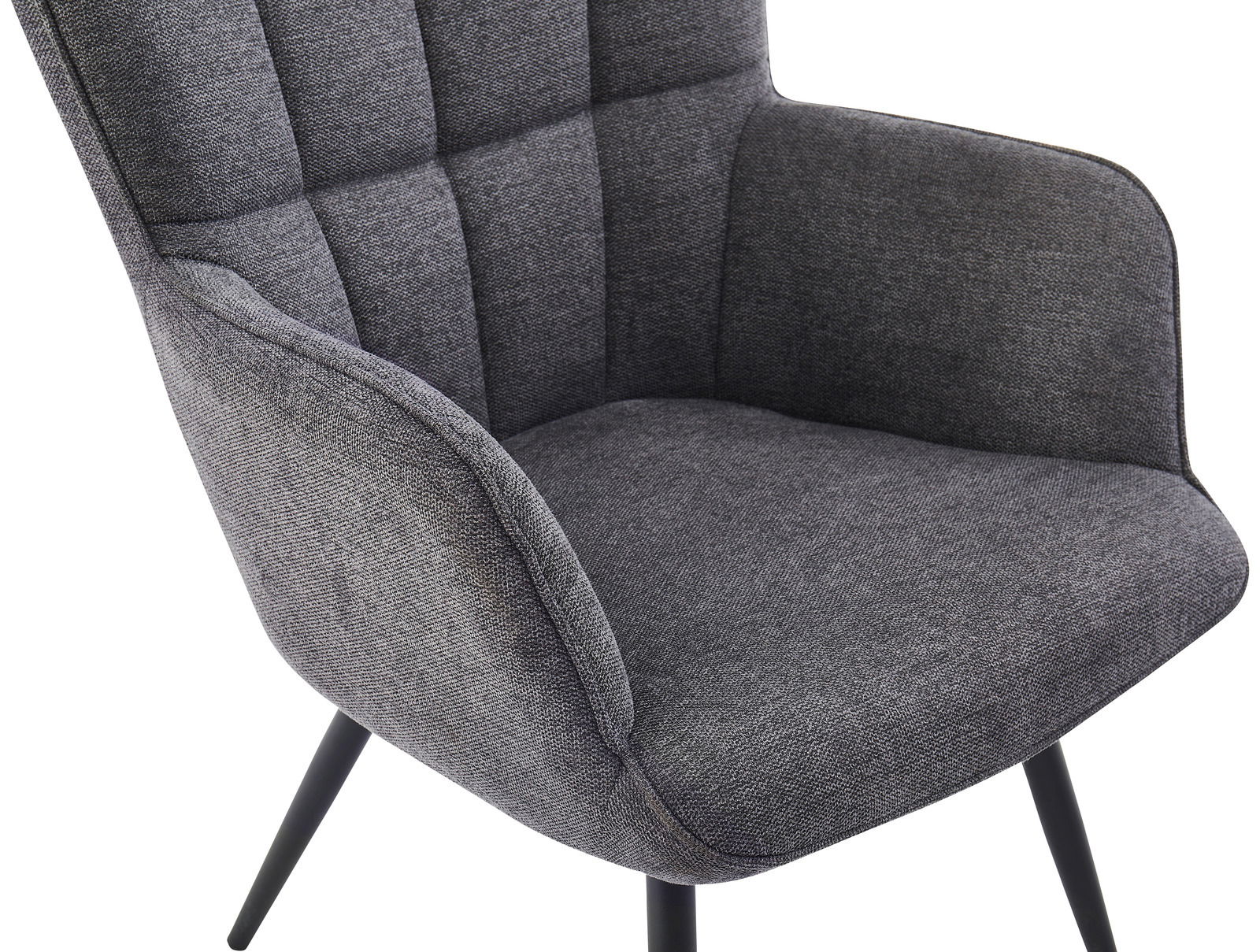 Grauer Sessel mit gepolstertem Sitz und Rückenlehne, seitliche Perspektive