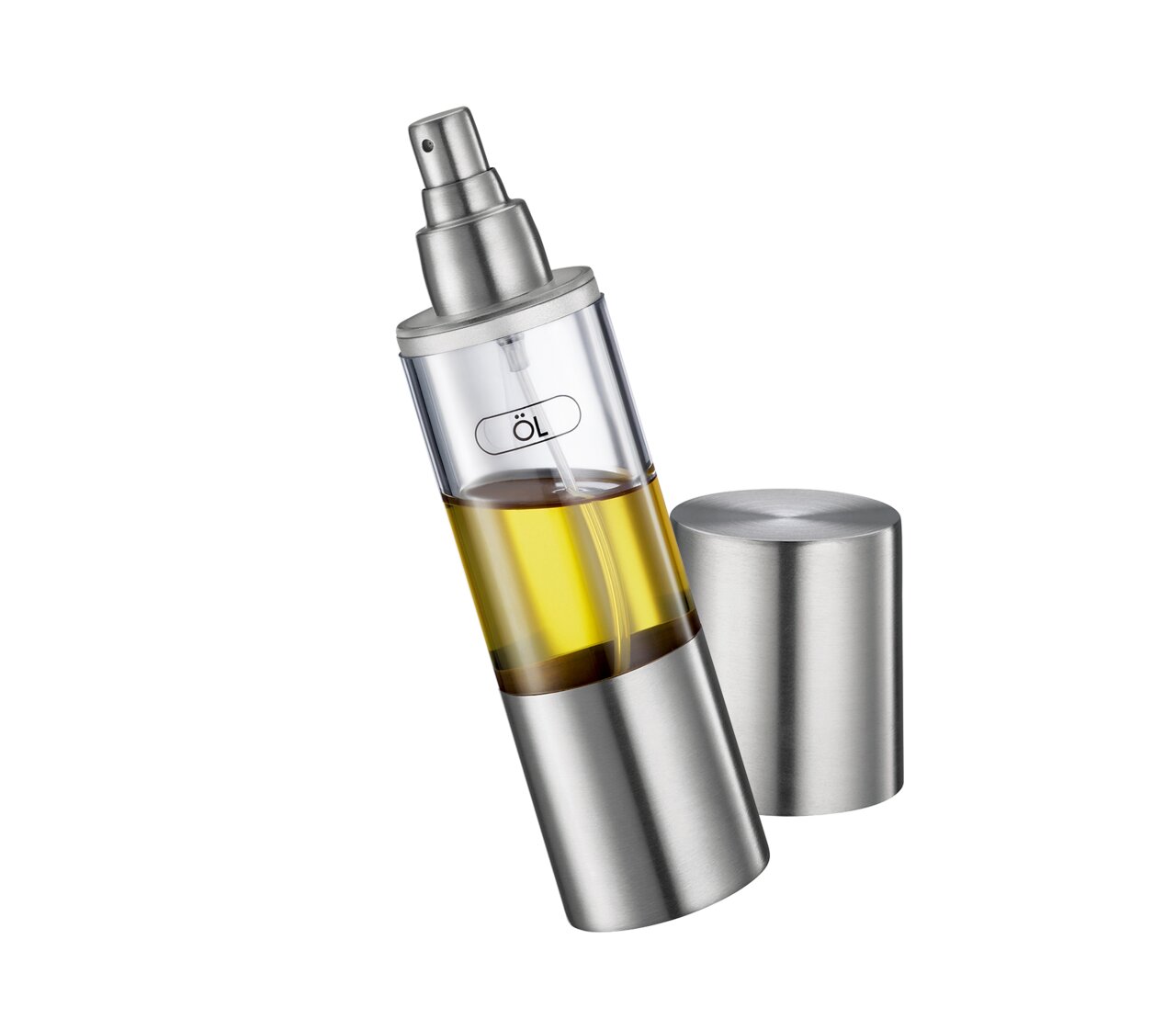 Ölspender aus Edelstahl mit transparentem Behälter, seitliche Ansicht