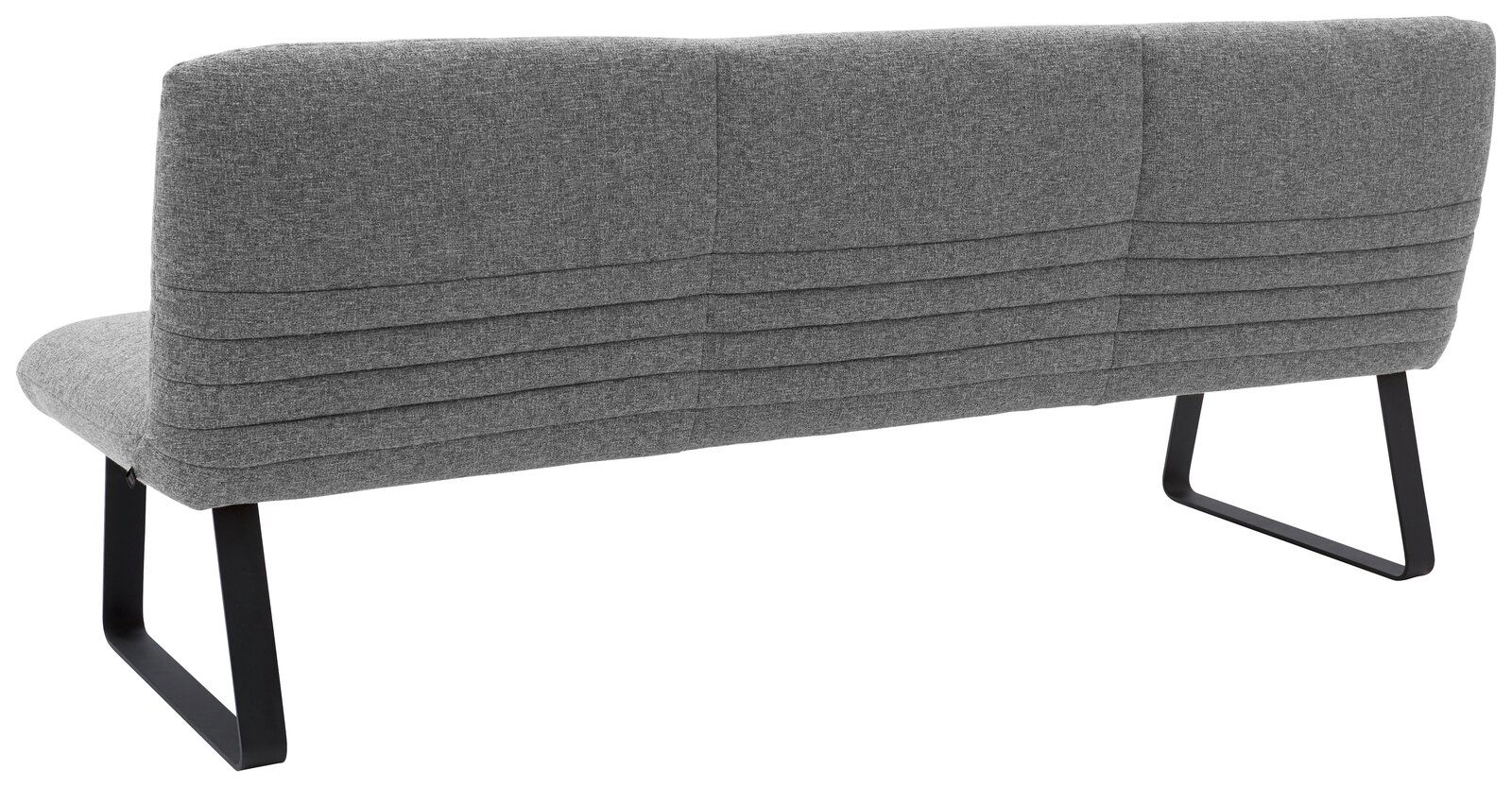 Rückansicht einer grauen Sitzbank mit modernem Design und schwarzen Metallbeinen.