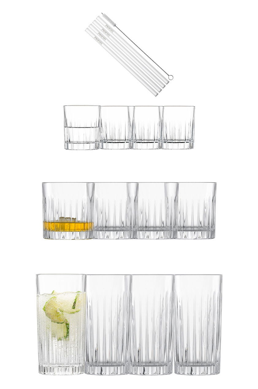 Set aus 17 Teilen mit verschiedenen Gläsern und Trinkhalmen, seitliche Ansicht