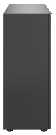 Seitenansicht eines modernen, schwarzen Sideboards mit glatter Oberfläche.