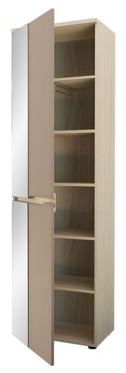 Moderner Garderobenschrank mit teilweise geöffneter Tür, Holzoptik und Spiegel, seitliche Perspektive
