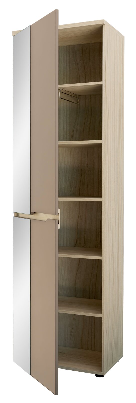 Moderner Garderobenschrank mit teilweise geöffneter Tür, Holzoptik und Spiegel, seitliche Perspektive