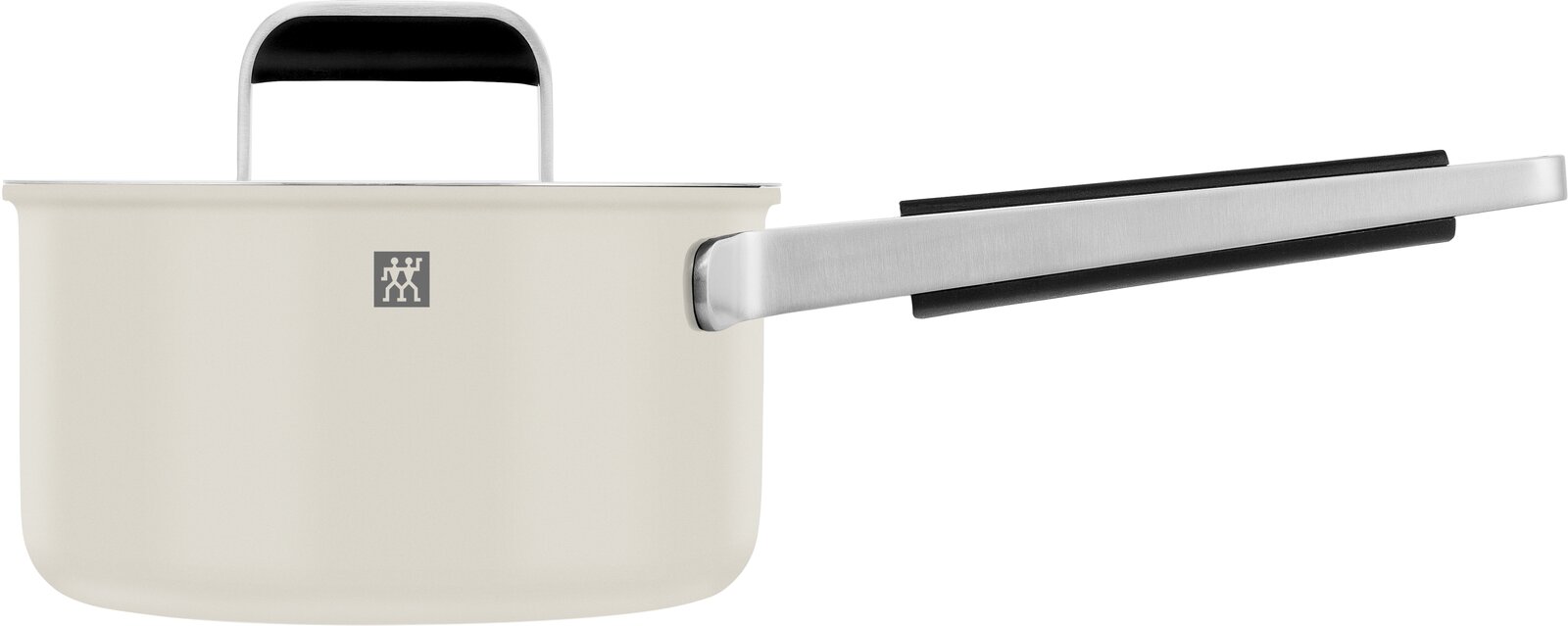 Topf aus einem 5-teiligen Set, seitliche Perspektive mit langem Griff und Deckel.