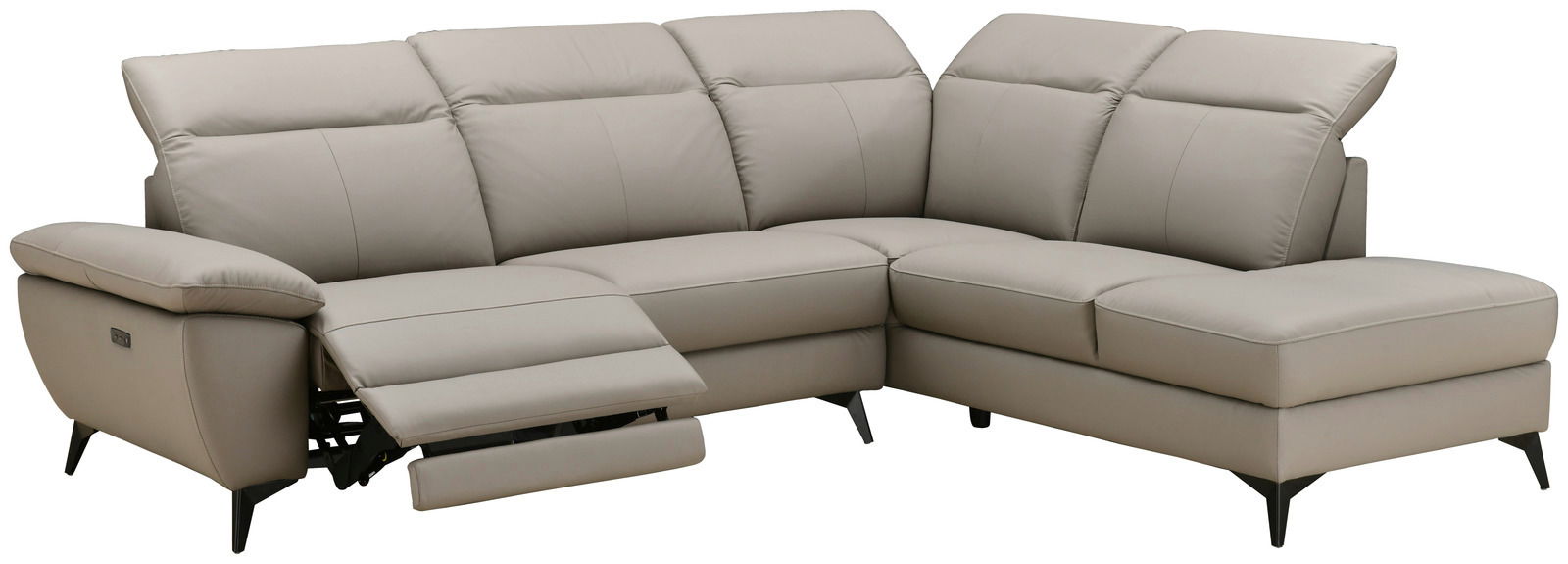 Ecksofa XORA PARIS in hellgrauem Leder mit verstellbarem Fußteil, Perspektive von vorne links