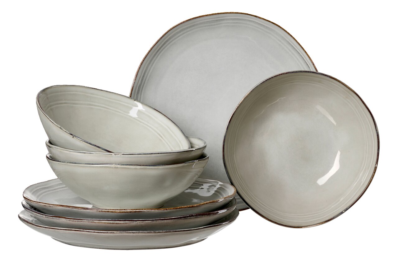 Perspektive auf ein 8-teiliges Tafelset aus Keramik mit einem modernen, minimalistischen Design in sanften Grautönen.