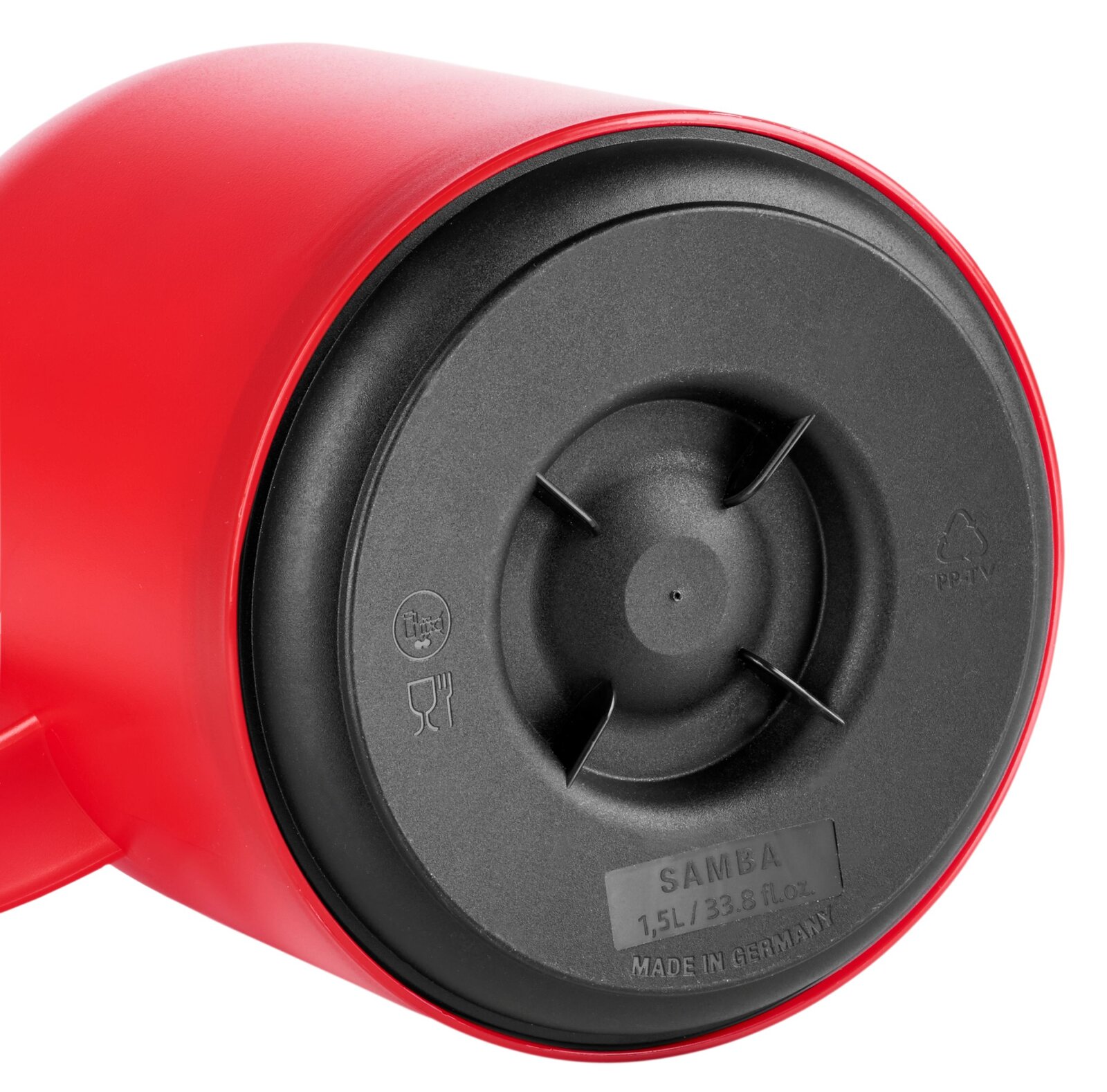 Emsa Isolierkanne 1,5l SAMBA Bodenansicht einer roten Isolierkanne SAMBA 1,5L, hergestellt in Deutschland.