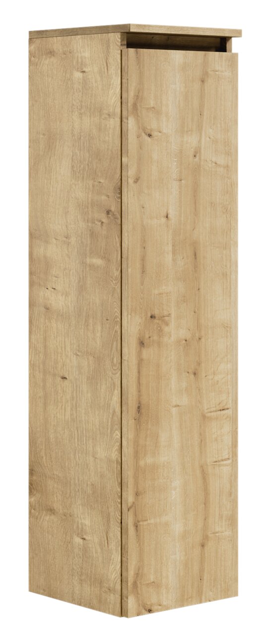 Hochschrank aus Holz in Eichenoptik, seitliche Perspektive