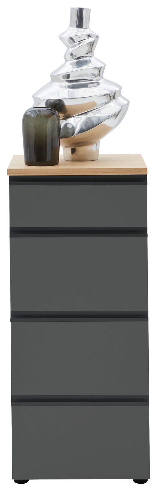 Schubkastenkommode LENDINA von Dieter Knoll in grauer Farbe mit drei Schubladen, dekoriert mit einer modernen Skulptur und einer Vase auf der Oberseite, Frontalansicht.