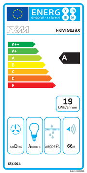 Energieeffizienzlabel für PKM 9039X mit Energieklasse A, jährlicher Energieverbrauch von 19 kWh, und Lautstärke von 66 dB, frontal betrachtet.