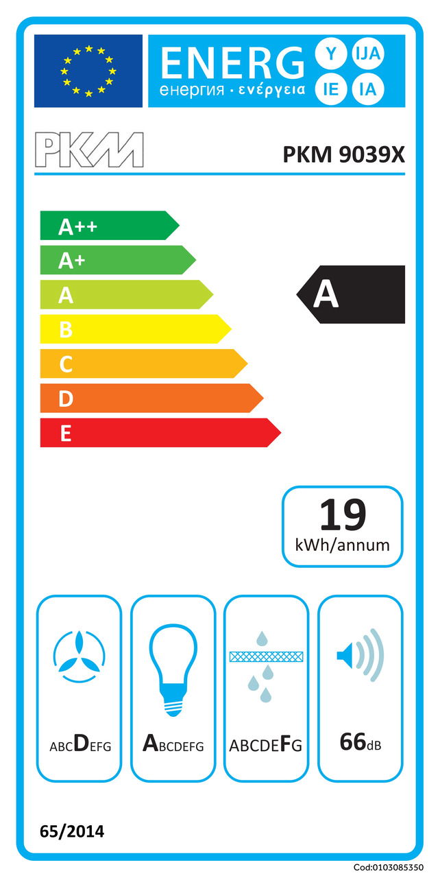 Energieeffizienzlabel für PKM 9039X mit Energieklasse A, jährlicher Energieverbrauch von 19 kWh, und Lautstärke von 66 dB, frontal betrachtet.