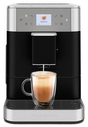 Frontansicht eines Kaffeevollautomaten mit einer Tasse Cappuccino, die gerade zubereitet wird.
