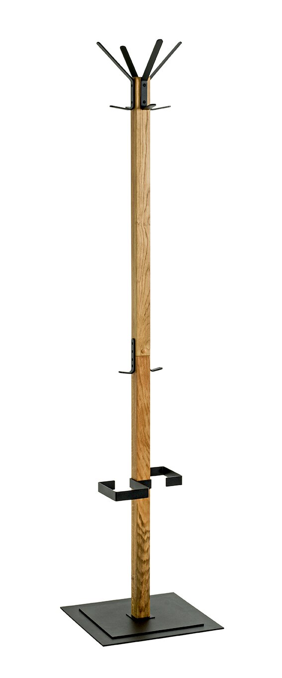 Freistehender Garderobenständer aus hellem Holz mit schwarzen Metallhaken und quadratischem Metallfuß, frontale Produktansicht vor weißem Hintergrund