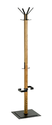 Freistehender Garderobenständer aus hellem Holz mit schwarzen Metallhaken und quadratischem Metallfuß, frontale Produktansicht vor weißem Hintergrund