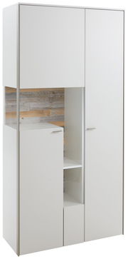 Moderne weiße Vitrine mit Holzrückwand, frontal fotografiert