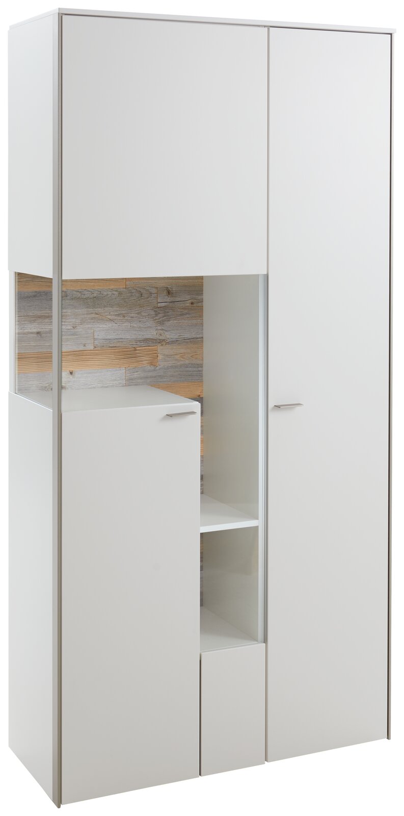 Moderne weiße Vitrine mit Holzrückwand, frontal fotografiert