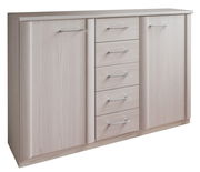 Kombikommode in heller Holzoptik mit zwei Türen und fünf Schubladen, frontal betrachtet.