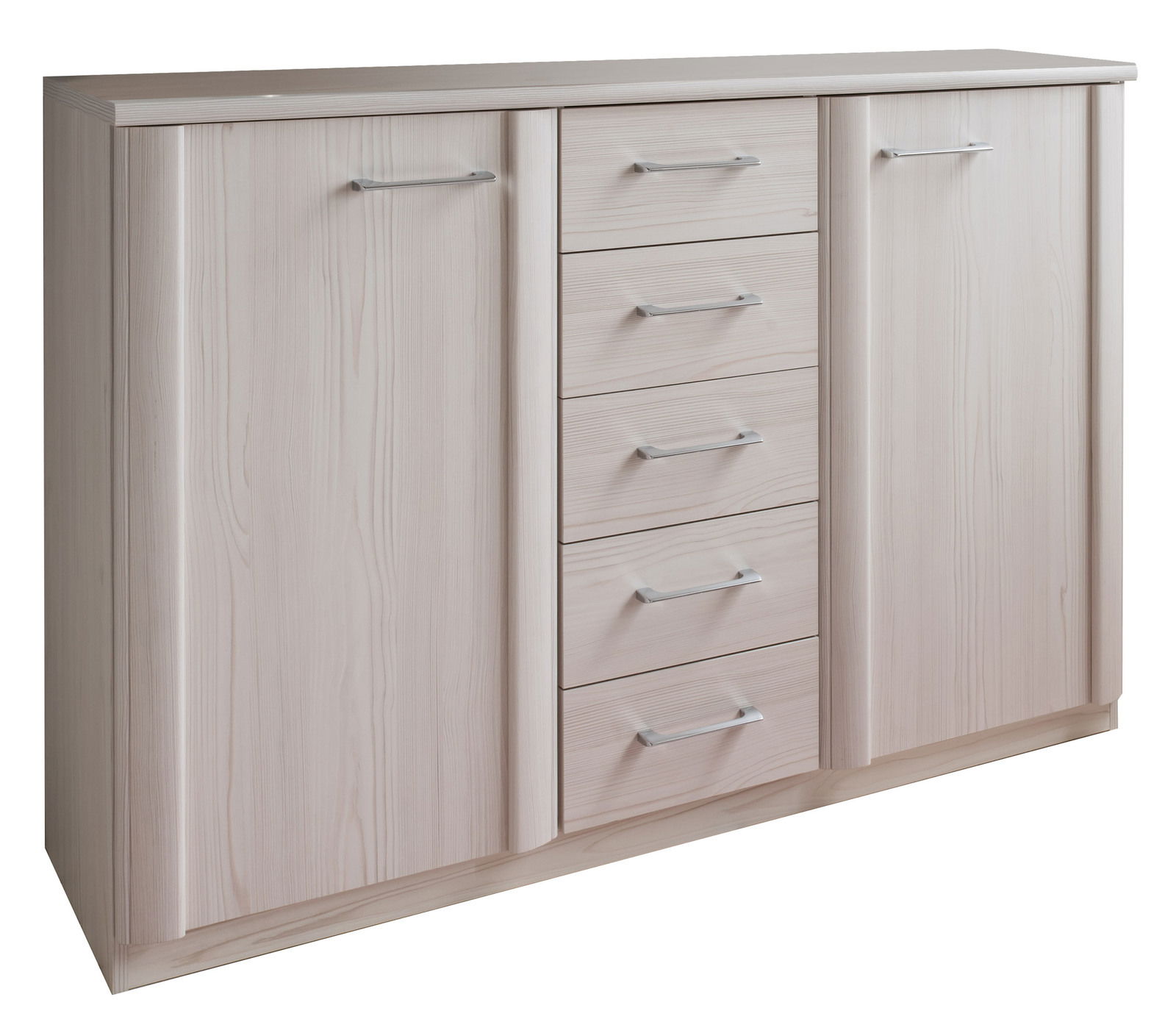 Kombikommode in heller Holzoptik mit zwei Türen und fünf Schubladen, frontal betrachtet.