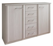 Kombikommode in heller Holzoptik mit zwei Türen und fünf Schubladen, frontal betrachtet.