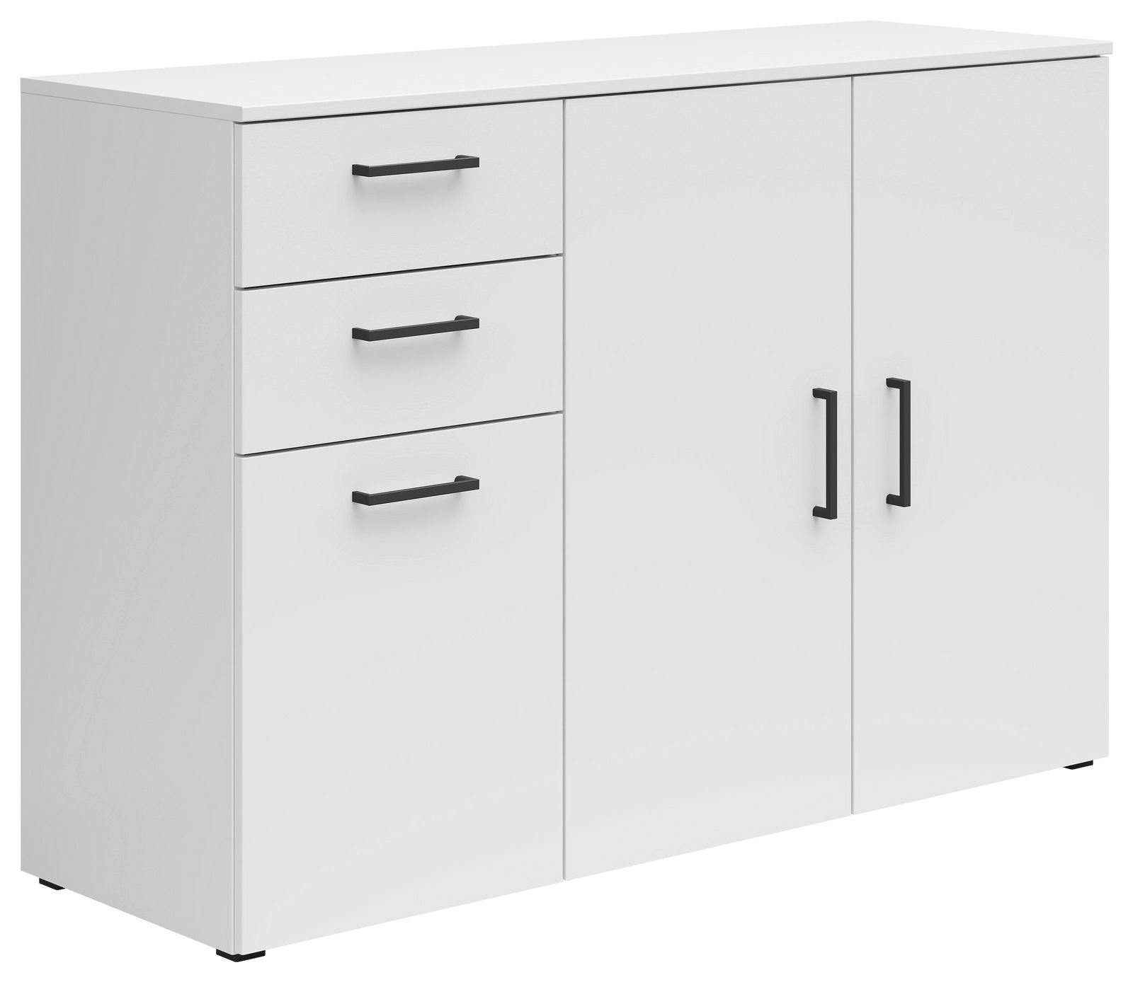 Carryhome Kommode MULTISTAURAUM Weiße Kommode mit drei Schubladen und zwei Türen, schwarze Griffe, seitliche Perspektive