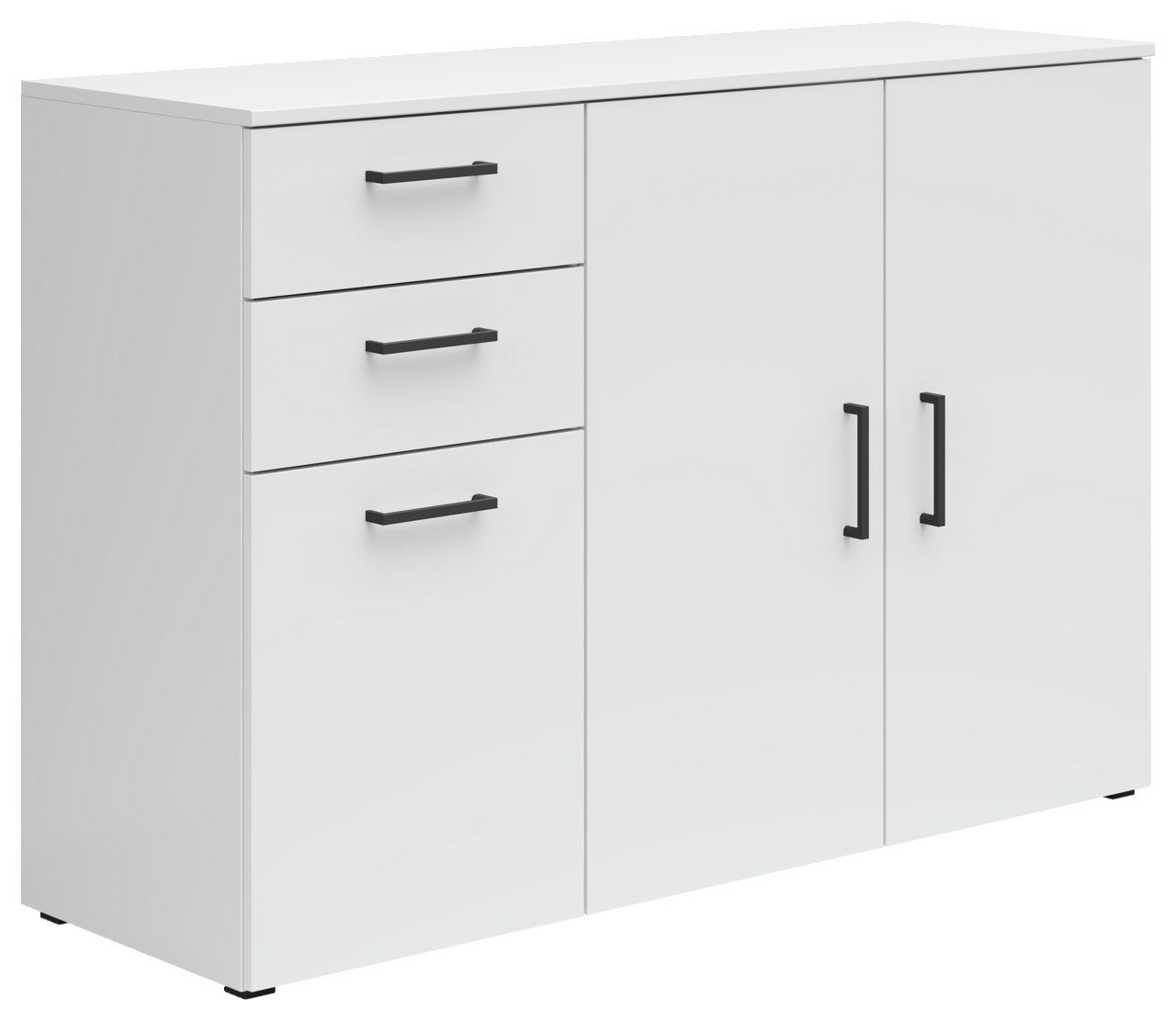 Carryhome Kommode MULTISTAURAUM Weiße Kommode mit drei Schubladen und zwei Türen, schwarze Griffe, seitliche Perspektive