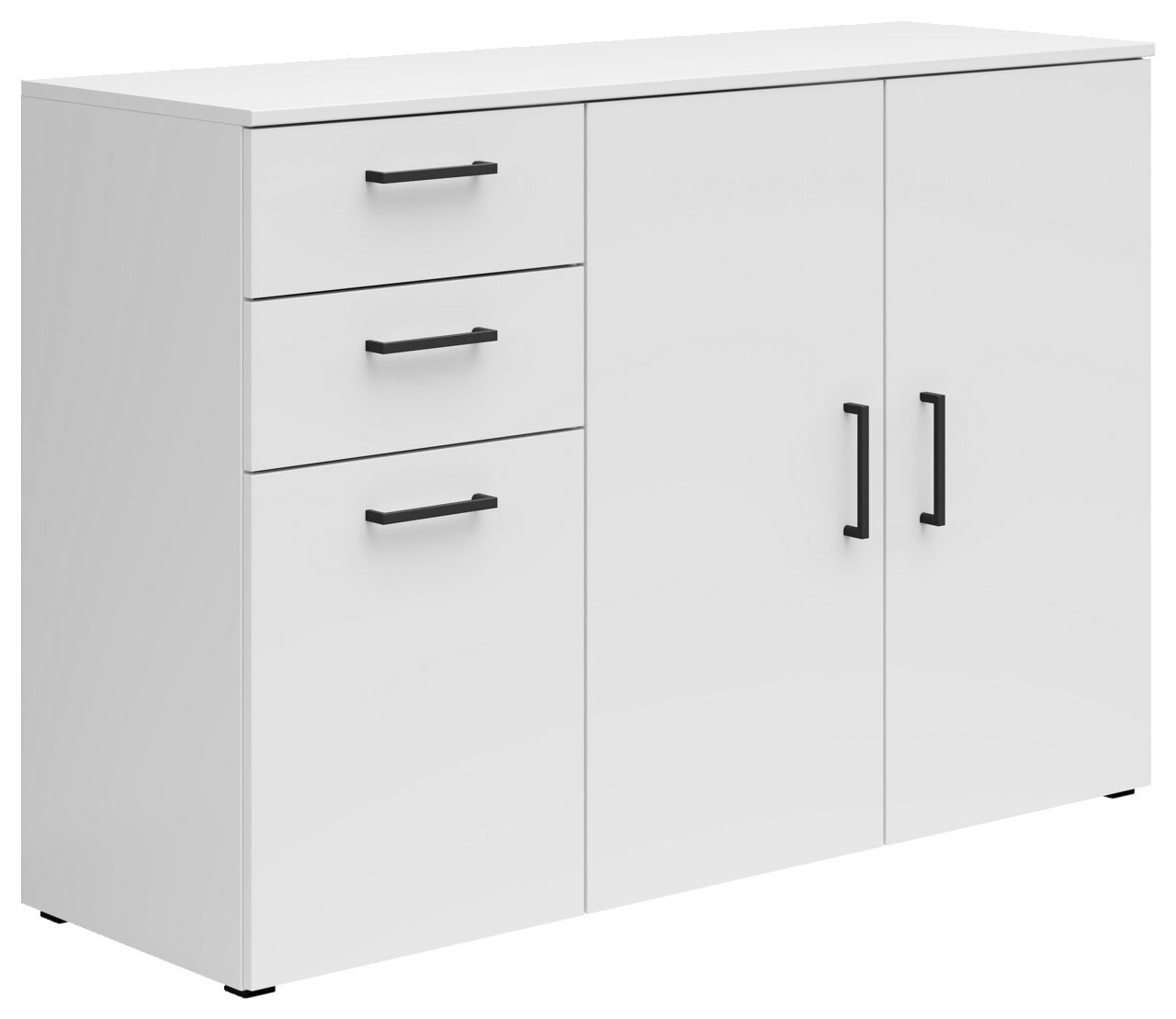 Carryhome Kommode MULTISTAURAUM Weiße Kommode mit drei Schubladen und zwei Türen, schwarze Griffe, seitliche Perspektive