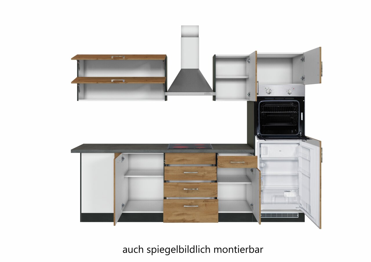 Eck-Küchenzeile mit Holz- und Metallelementen, bestehend aus offenen und geschlossenen Schränken, Herd, Ofen und Kühlschrank, frontale Ansicht.