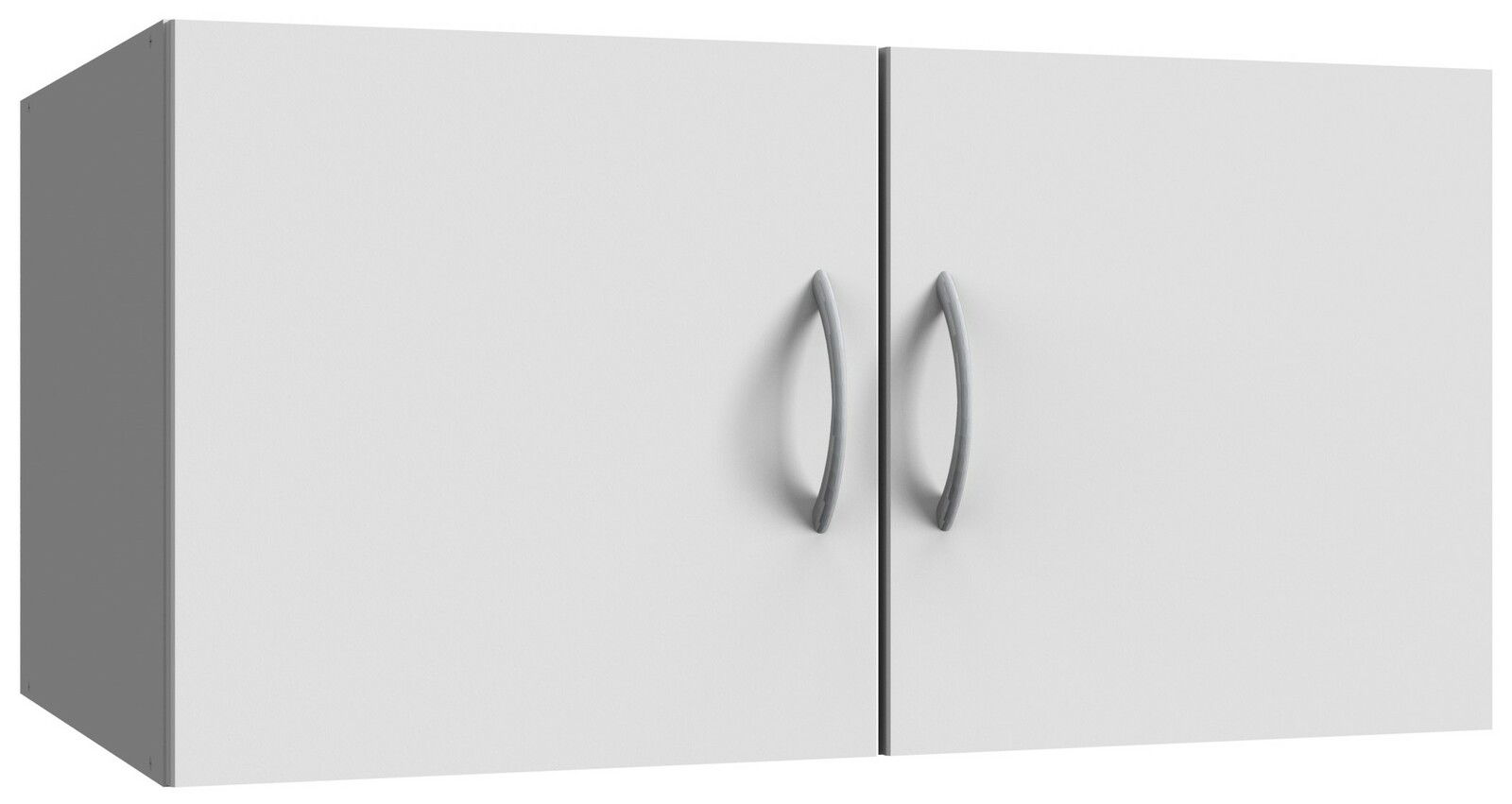 Weißer Hängeschrank mit zwei Türen und silbernen Griffen, seitliche Perspektive