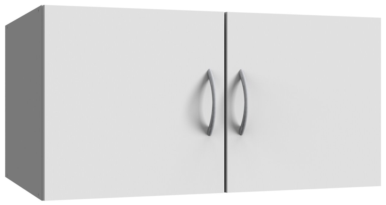 XORA Aufsatz T40 MULTIRAUMKONZEPT Weißer Hängeschrank mit zwei Türen und silbernen Griffen, seitliche Perspektive