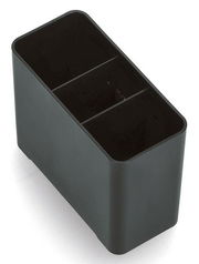 Schwarzer Geschirrabtropfständer mit drei Fächern, aus schräger Vogelperspektive fotografiert.