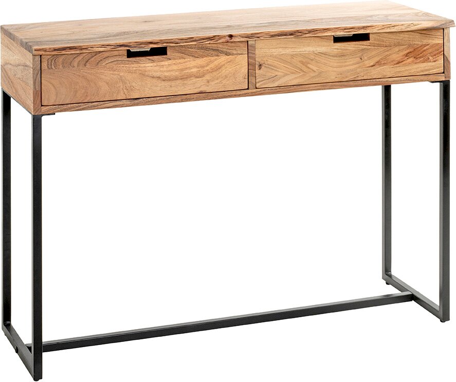 Schmaler Konsolentisch aus massiv wirkendem Naturholz mit zwei Schubladen und schwarzem Metallgestell, freigestellt in schräger Frontansicht von vorn.